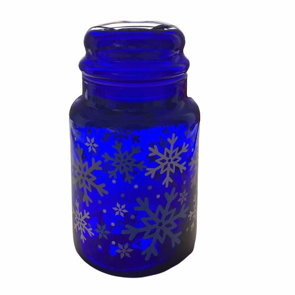 Cobalt Blue Snowflake Pattern Libbey 7" Glass Canister Apothecary Jar with Lid - Picture 5 of 7